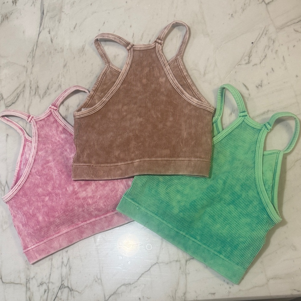 Zenana Outfitters Ribbed Crop Tops in Pink, Brown, and Green size S/M set of 3 - Picture 5 of 15